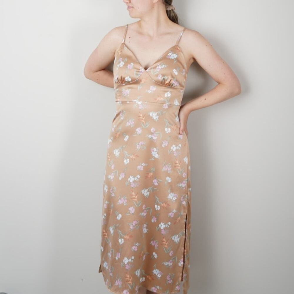 Pink Rose Floral Midi Dress Slit Side Open Tie Bow Back Spaghetti Strap Spring L